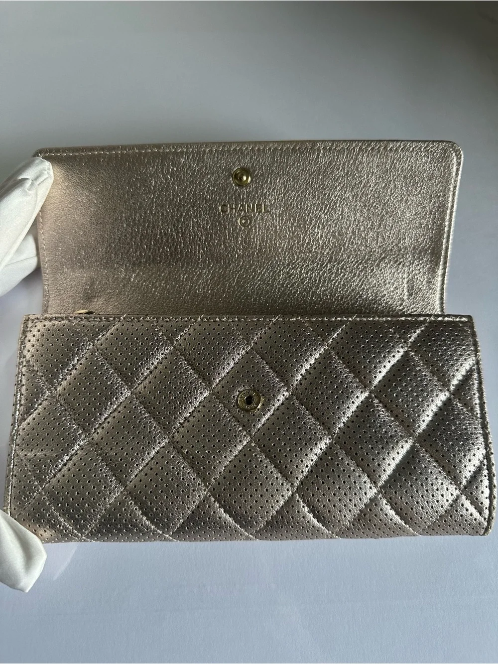 CHANEL Metallic Champagne Perforated Quilted Long Wallet + Unbranded WOC Kit